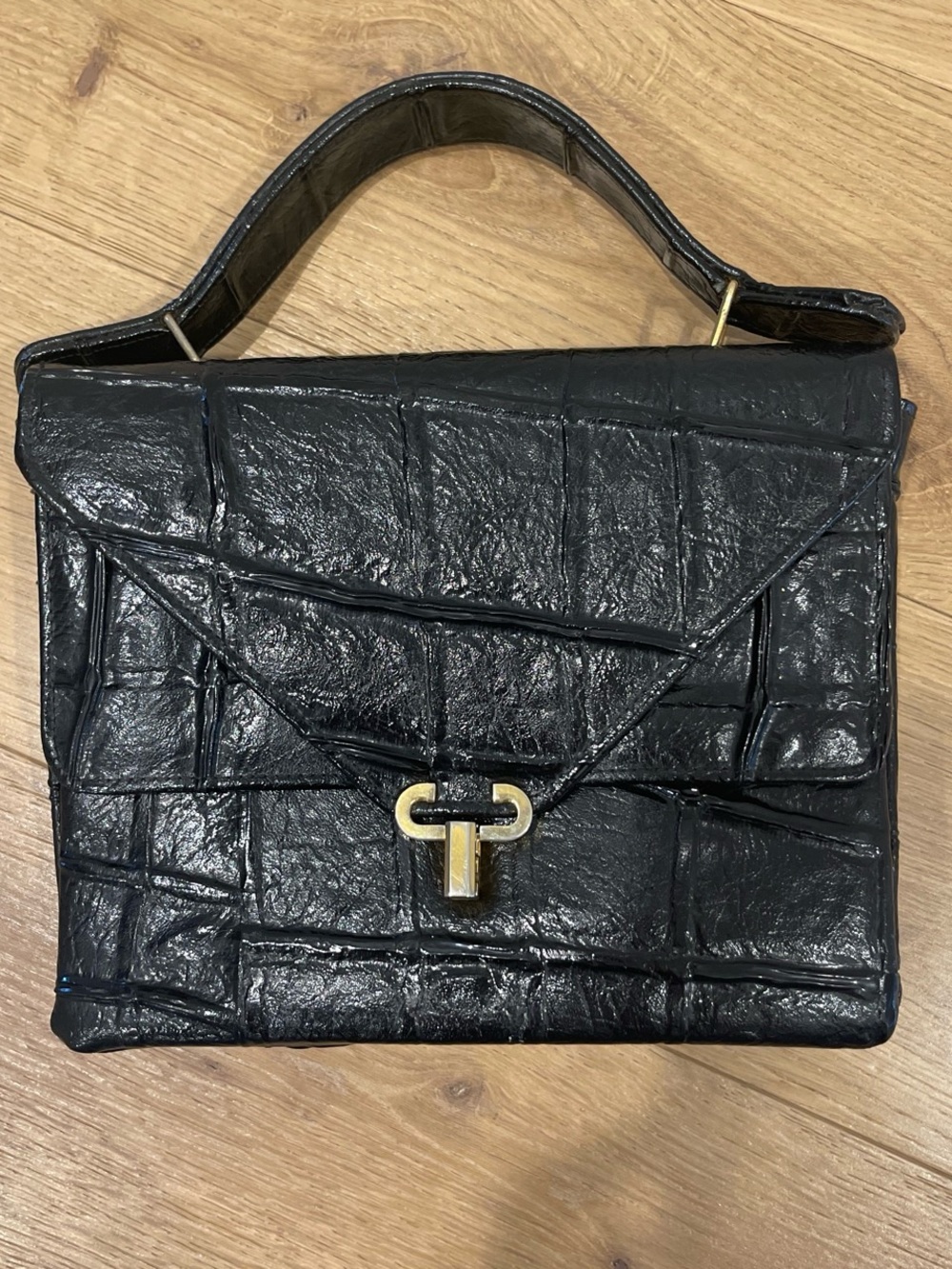 Black Markay Croc-Textured Mini Top Handle Bag with Gold Clasp